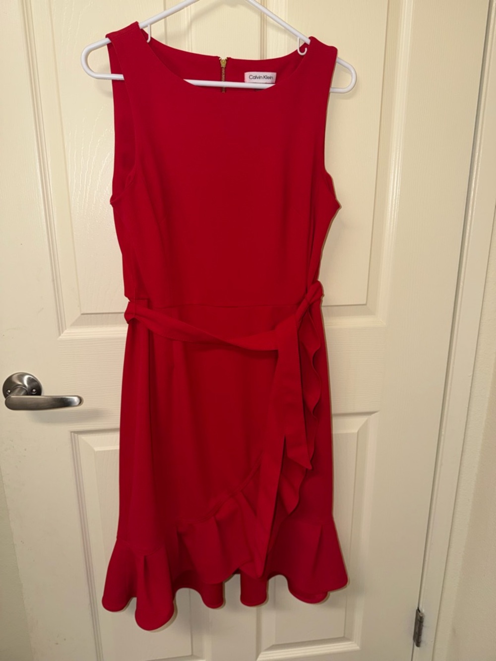 Calvin Klein Women's Red Sleeveless Ruffle Wrap Dress
